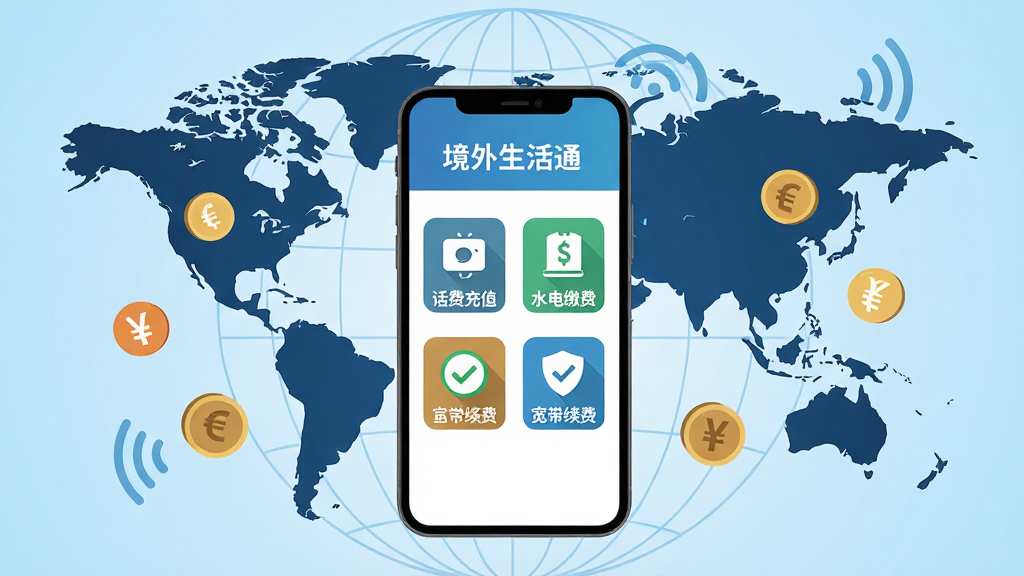 画面中央一部智能手机,屏幕上显示境外生活通APP首页界面,界面中有话费充值、水电缴费、宽带续费等功能图标,手机周围环绕世界地图轮廓与各国货币符号,背景为淡蓝色渐变,布局为居中对称,风格为扁平化科技插画,细节包括信号波纹、支付成功对勾图标、地球经纬线,画质清晰,干净,无多余元素