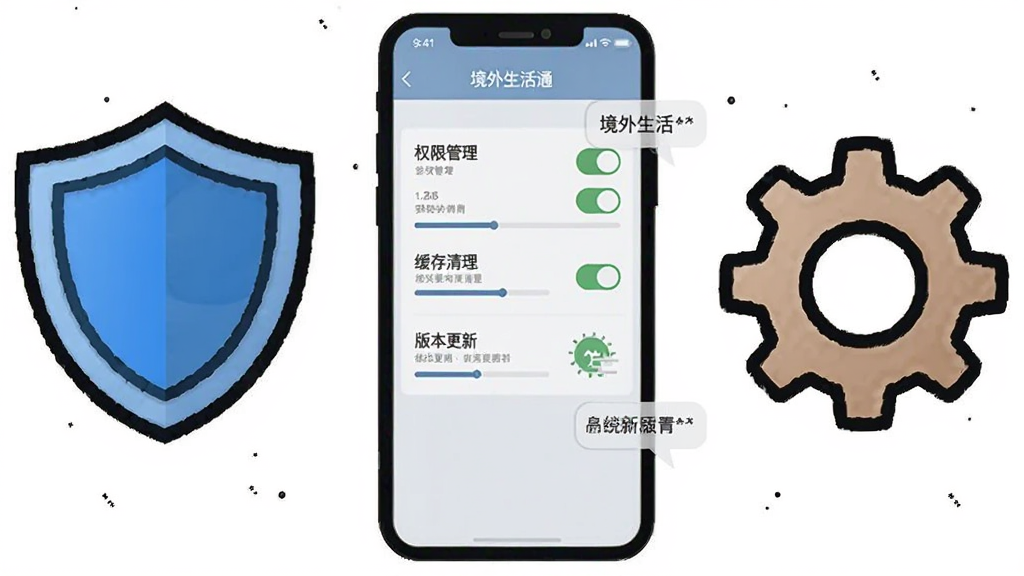 画面中央一部手机显示境外生活通设置页面,页面中包含权限管理、缓存清理、版本更新等选项,手机旁边放置盾牌图标与齿轮图标,背景为白色,布局为居中,风格为简洁工具类插画,细节包括开关按钮、进度条、提示气泡,画质清晰,干净,无多余元素