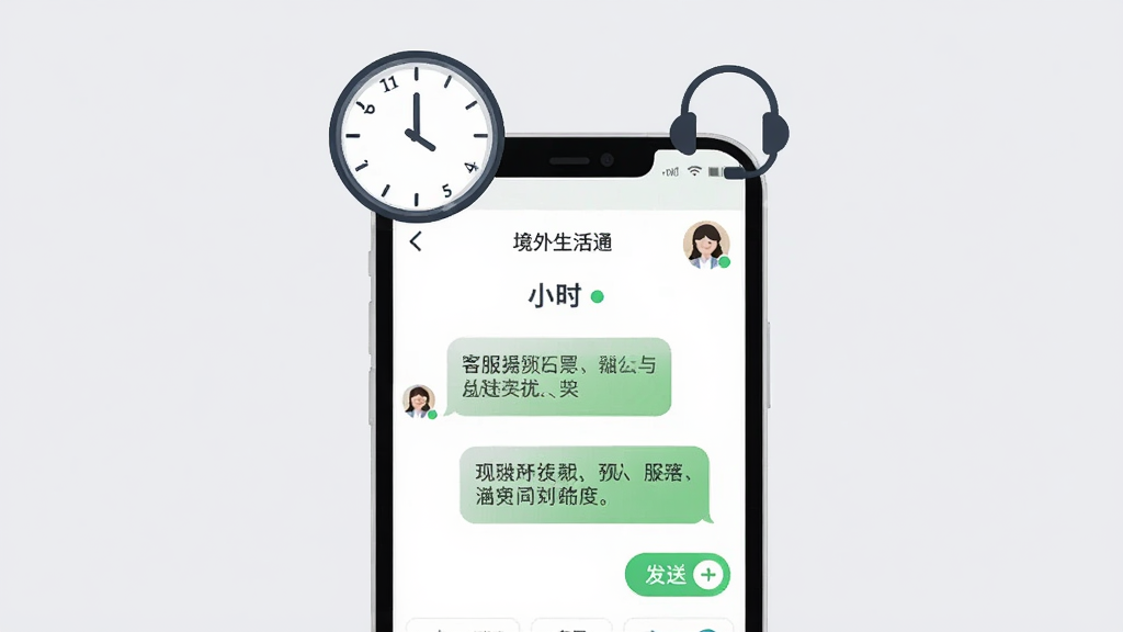 画面中央一部手机显示境外生活通客服聊天界面,聊天气泡中包含中文对话内容,手机上方漂浮二十四小时时钟图标与耳机图标,背景为浅灰色,布局为居中,风格为简约商务插画,细节包括在线状态绿点、客服头像、发送按钮,画质清晰,干净,无多余元素