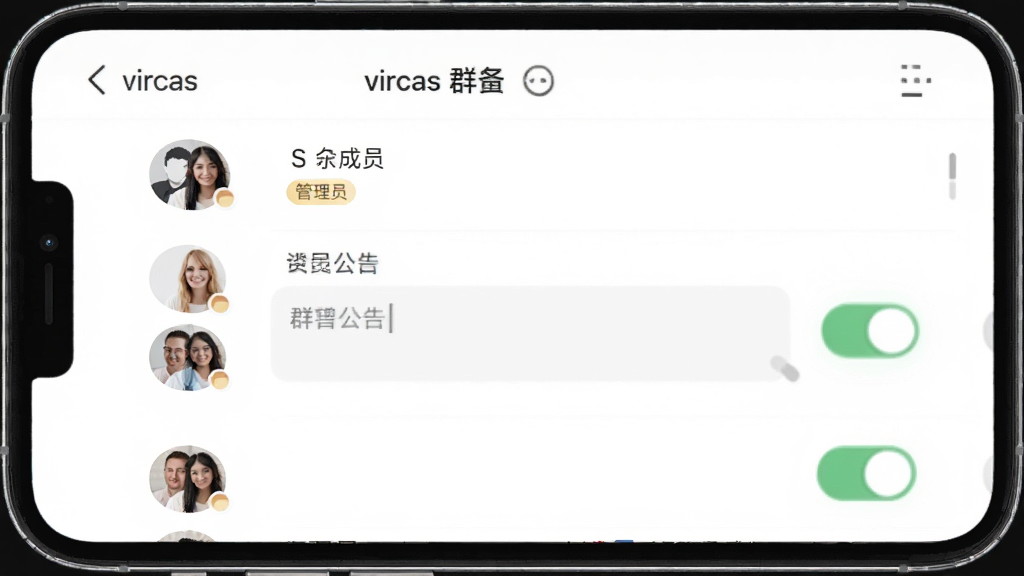 vircas群组聊天管理界面,主体为手机屏幕上的群组设置页面,布局为列表式排布,排版整齐,风格为清爽简约风,细节包括群成员头像列表、管理员标签、群公告输入框、开关按钮,画质高清干净无多余元素