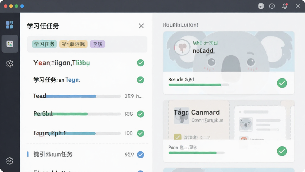 主体为方块考拉软件界面展示学习任务列表和知识卡片,布局为左右分栏,排版简洁有序,风格为现代扁平化设计,细节包括彩色标签、进度条和勾选图标,画质高清干净无多余元素
