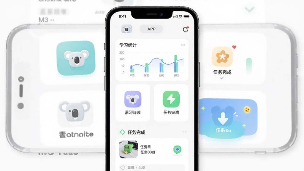 主体为方块考拉APP在手机屏幕上的运行界面,布局为手机正面展示,排版为功能模块图标排列,风格为清新简约风,细节包括学习统计图表和任务完成动画,画质清晰干净无多余元素