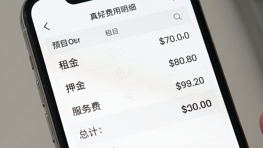 真好租APP费用明细页面展示图,画面中手机屏幕显示清晰的费用清单表格,包含租金、押金、服务费等条目,主体为手机屏幕特写,布局为列表式,风格干净素雅,细节包括金额数字、项目名称和总计栏,画质高清,干净,无多余元素