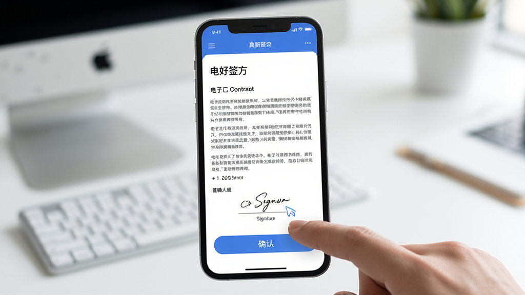 真好租APP电子签约界面展示图,画面中手机屏幕上显示一份电子合同,手指正在点击签署按钮,主体为手机与手指交互特写,布局居中,风格商务简洁,细节包括合同文字、签名区域和确认按钮,画质高清,干净,无多余元素