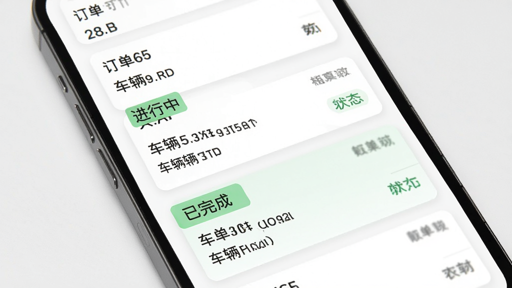 真好租APP订单管理页面展示图,画面中手机屏幕显示多个订单卡片,包含进行中、已完成等状态标签,主体为手机屏幕特写,布局为纵向列表,风格现代简约,细节包括订单编号、车辆信息和状态颜色标识,画质高清,干净,无多余元素