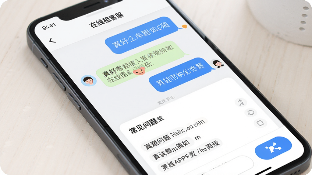 真好租APP客服与帮助页面展示图,画面中手机屏幕显示在线客服对话框和常见问题列表,主体为手机屏幕特写,布局为聊天式界面,风格友好亲切,细节包括消息气泡、问题分类和发送按钮,画质高清,干净,无多余元素