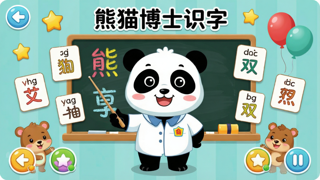熊猫博士识字软件主界面展示,画面中央是一只可爱的卡通熊猫博士手持教鞭站在黑板前,黑板上有彩色汉字,周围环绕着拼音卡片和动画小动物,整体布局为横版宽屏,排版清晰有序,风格为卡通儿童教育插画,细节包括柔和的蓝绿色背景、圆润的UI按钮、星星和气球装饰元素,画面干净无多余元素,高清画质,文字标注“熊猫博士识字”