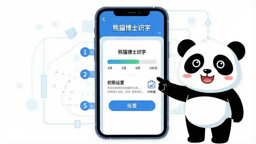 熊猫博士识字安装操作示意图,画面展示一部智能手机屏幕,屏幕上显示应用安装进度条和权限设置界面,旁边有卡通熊猫博士指着屏幕提示操作步骤,布局为手机界面居中展示,风格为扁平化科技插画,细节包括蓝色主色调、清晰的按钮图标、步骤编号标注,画面干净整洁,无多余元素,高清画质,屏幕内文字标注“熊猫博士识字”