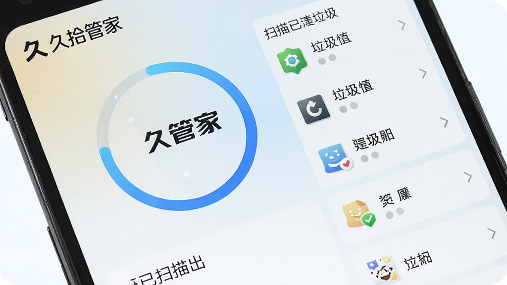 一部安卓手机屏幕特写,屏幕上显示久拾管家的清理加速界面,有圆形进度条和已扫描出的垃圾文件分类列表,背景为浅色渐变,风格干净科技感,画面中带有“久拾管家”文字标识,画质清晰,无多余元素