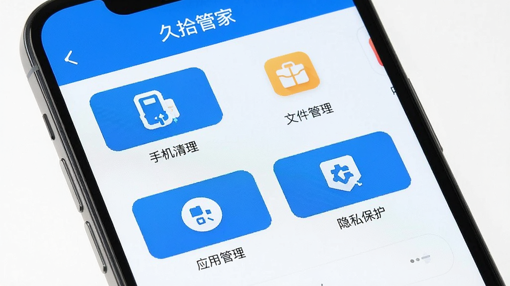 一张展示手机屏幕的图片,屏幕上显示久拾管家应用主界面,界面中包含手机清理、文件管理、应用管理、隐私保护等功能模块图标,布局整齐清晰,风格简洁现代,细节上呈现蓝色与白色为主色调,画质清晰干净,无多余元素