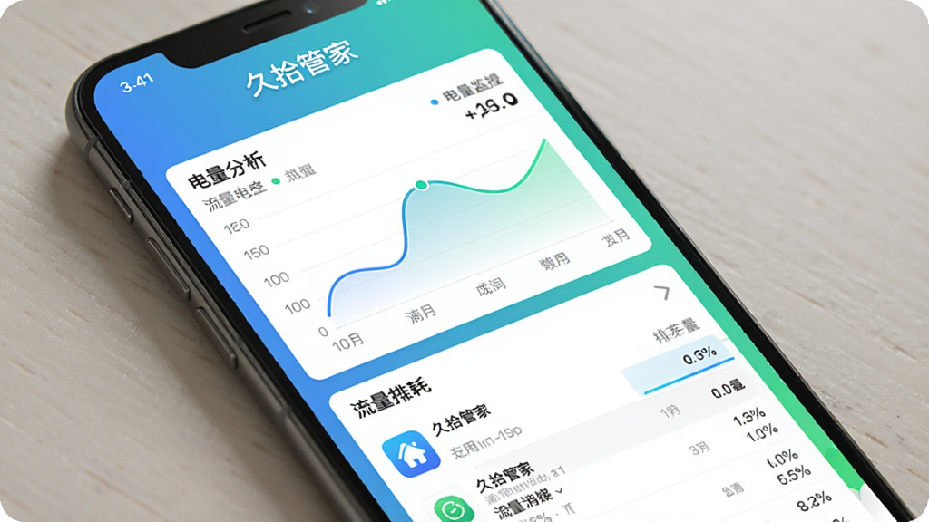 手机屏幕展示久拾管家的流量监控与电量分析界面,有曲线图表和排行列表,显示各应用消耗数据,界面风格简洁数据可视化,配色为蓝绿渐变,屏幕上带有“久拾管家”标识,画质清晰,无多余元素