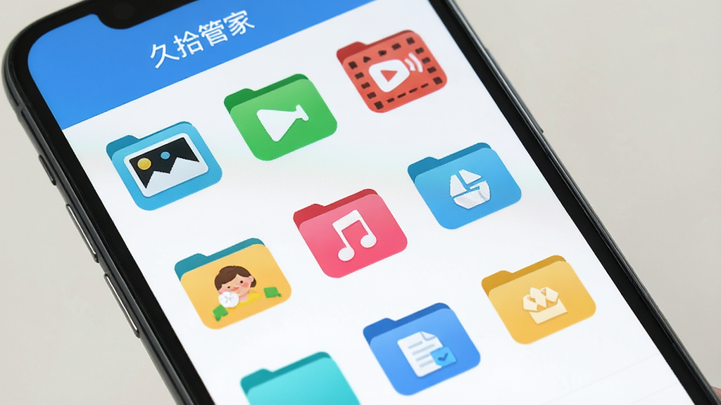 手机屏幕展示久拾管家的文件管理界面,各类文件以不同颜色图标分类排列,包括图片、视频、音乐、文档等文件夹,界面布局为网格状,风格清新简约,屏幕上带有“久拾管家”字样,画质清晰,无多余元素