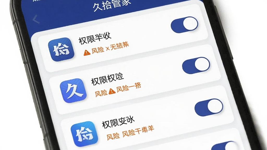 手机屏幕显示久拾管家的应用权限管理页面,列表展示多个应用图标及其权限状态,有开关按钮和风险提示标签,界面风格为卡片式设计,主色调为深蓝与白色,画面中包含“久拾管家”文字,画质清晰,无多余元素