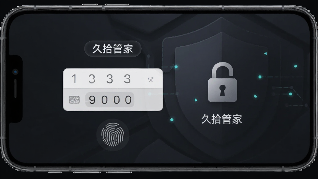手机屏幕显示久拾管家的隐私保险箱解锁界面,有密码输入框和指纹图标,背景为深色安全风格,旁边有锁形图标,画面中包含“久拾管家”文字,画质清晰,无多余元素