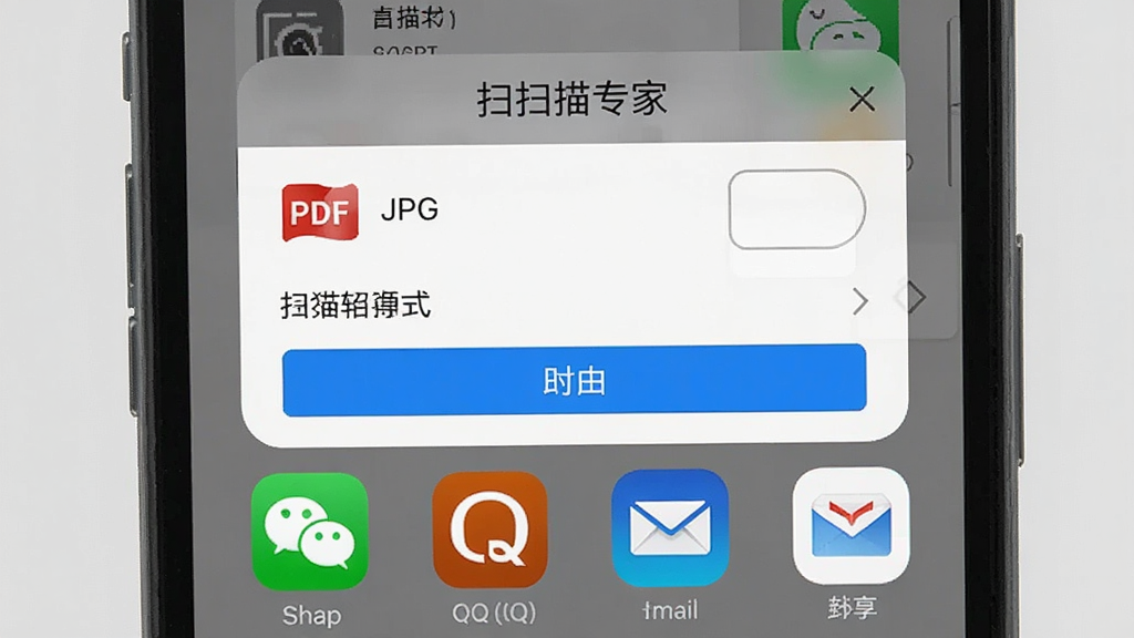 一张展示扫描专家导出与分享功能的图片,画面主体是手机屏幕,屏幕上显示导出格式选择弹窗,选项包括PDF和JPG,下方有微信、QQ、邮件等分享图标,背景为浅灰色,风格为应用功能界面展示,细节包括扫描专家应用名称和导出按钮,画质清晰,干净,无多余元素