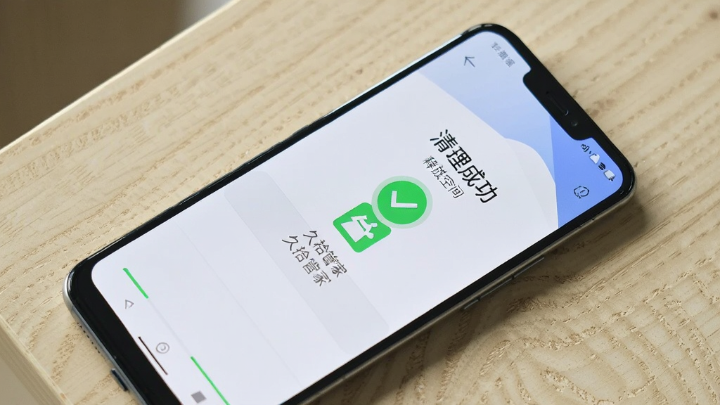 一部安卓手机放在桌面上,屏幕显示久拾管家的清理完成界面,有“清理成功”字样和释放空间数据,旁边有绿色对勾图标,背景为浅色木纹桌面,风格生活化,画面中包含“久拾管家”文字,画质清晰,无多余元素
