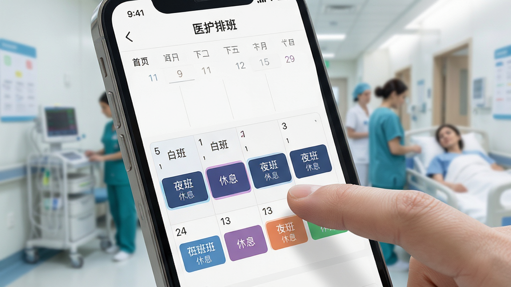 手机屏幕特写,显示“医护排班”App的日历视图界面,不同班次用不同颜色标注,有白班、夜班、休息等标识,手指正在点击某一天查看详情,背景是模糊的医院环境,风格现代简洁,画质清晰干净
