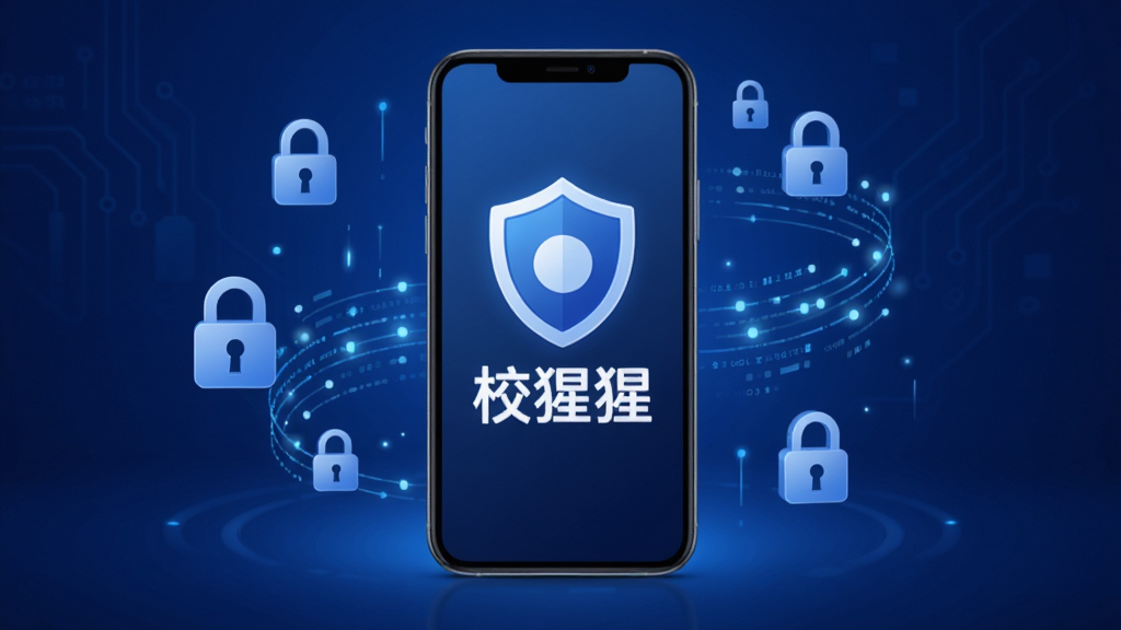校猩猩安全防护概念图,画面中央是一部手机,屏幕显示盾牌图标与“校猩猩”文字,周围环绕锁形符号与数据流线条,背景为深蓝色科技感渐变,整体风格简洁商务,画质干净,无多余元素