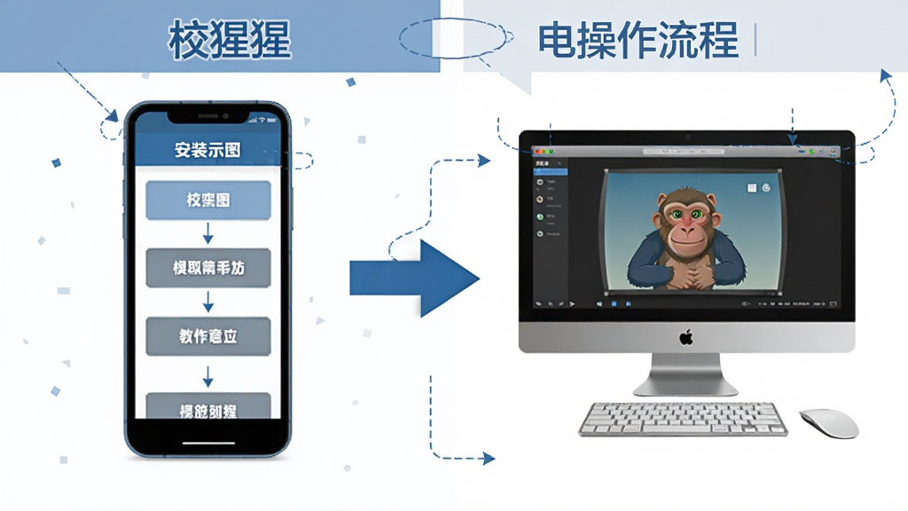 校猩猩安装操作流程图,画面分为左右两部分,左侧为手机安装界面步骤示意图,右侧为电脑模拟器运行示意图,中间用箭头连接,整体风格简洁说明图,配色以蓝灰为主,文字标注清晰,画质干净,无多余元素