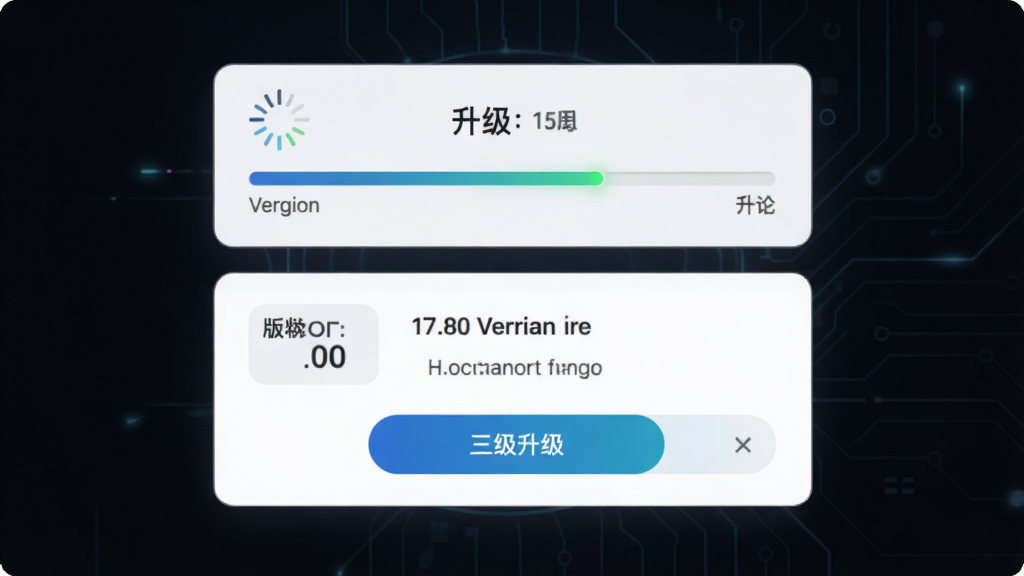 一张展示顶火应用固件升级界面的图片,主体为升级进度条与版本信息卡片,布局为居中显示,排版简洁,风格为轻科技风,细节包括旋转的加载图标、版本号文字与升级按钮,画质高清,干净,无多余元素