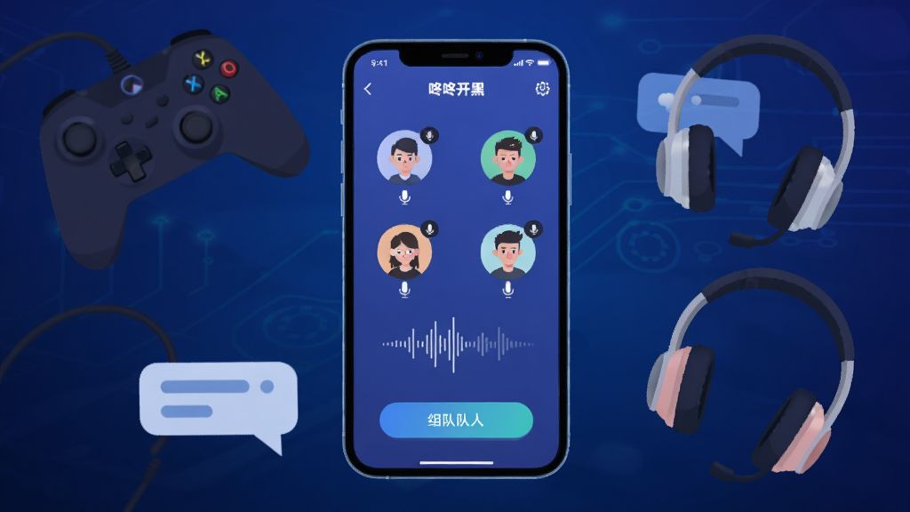 画面中央放置一部智能手机,手机屏幕上显示咚咚开黑APP的组队语音界面,界面中有多个玩家头像和麦克风图标,手机周围环绕着游戏手柄、耳机和聊天气泡等元素,背景为深蓝色渐变科技风格,整体布局简洁清晰,采用扁平化UI设计风格,细节上突出语音波形和组队按钮,画质高清,干净,无多余元素