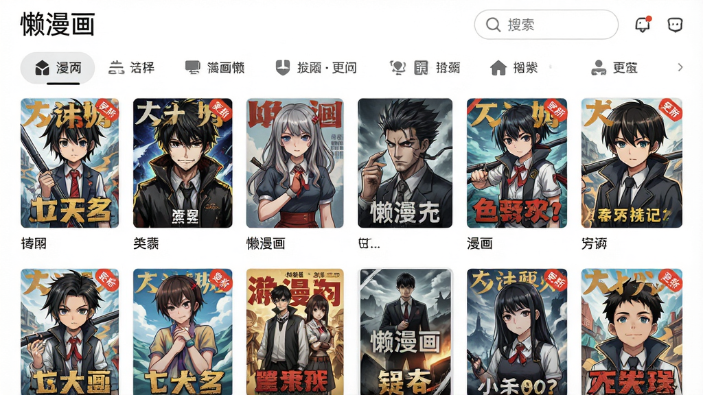 懒漫画APP内漫画分类界面,画面展示多个漫画封面排列成网格状,顶部有