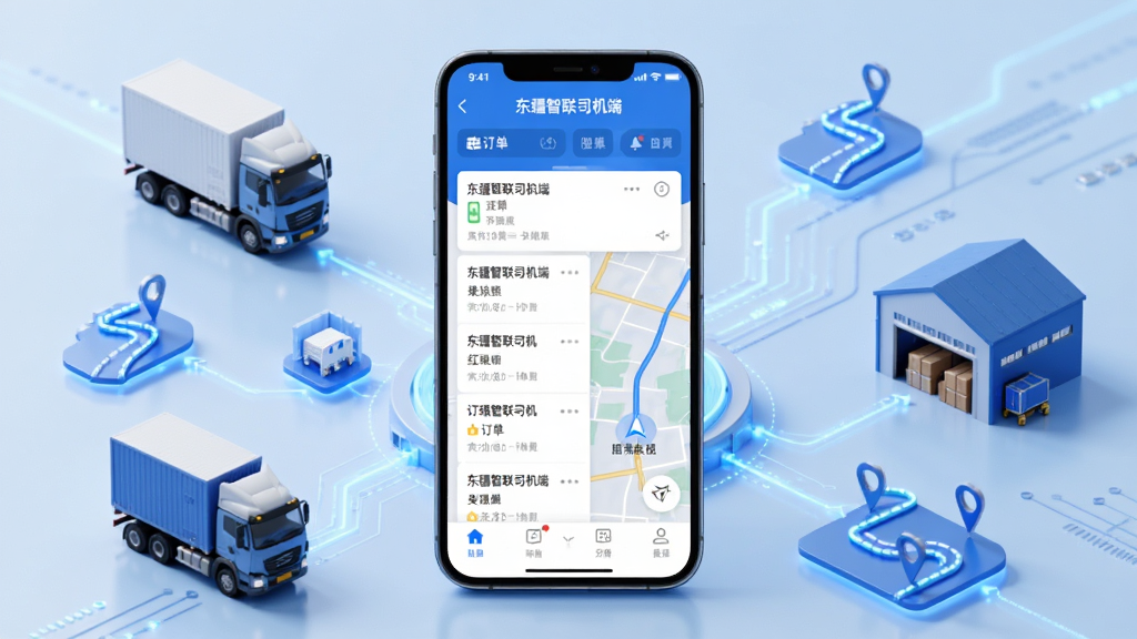 画面中央展示一部智能手机,屏幕上打开“东疆智联司机端”应用界面,界面显示订单列表和地图导航,手机周围环绕物流货车、仓库、路线图标等元素,整体采用蓝色科技风格,布局简洁清晰,细节丰富,画质高清,干净无多余元素