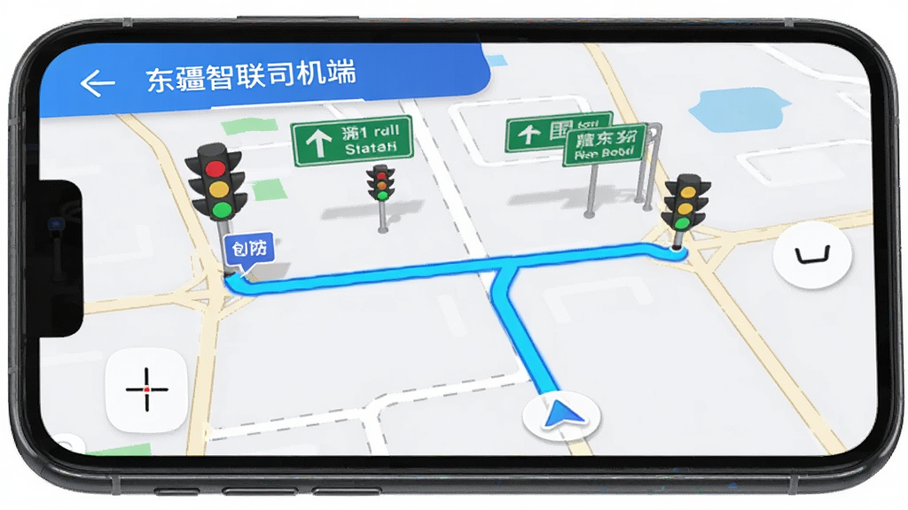 手机屏幕显示“东疆智联司机端”导航界面,地图上标注起点和终点,路线以亮蓝色高亮显示,周围有红绿灯、路牌等交通元素,整体风格简洁现代,布局合理,画质高清,干净无多余元素