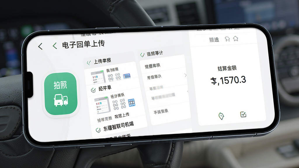 手机屏幕展示“东疆智联司机端”电子回单上传界面,显示拍照上传按钮和已上传单据列表,旁边有结算金额数字,整体风格简洁明亮,布局清晰,画质高清,干净无多余元素