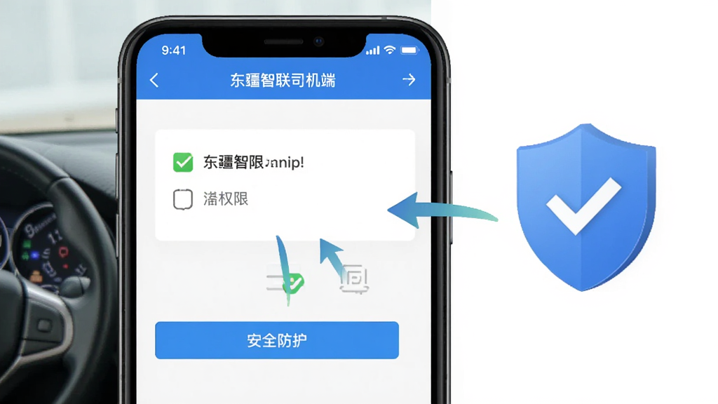 手机屏幕展示“东疆智联司机端”的安装权限设置界面,画面中有清晰的勾选提示和箭头引导,旁边有盾牌图标代表安全防护,整体风格简洁明了,布局清晰,画质高清,干净无多余元素