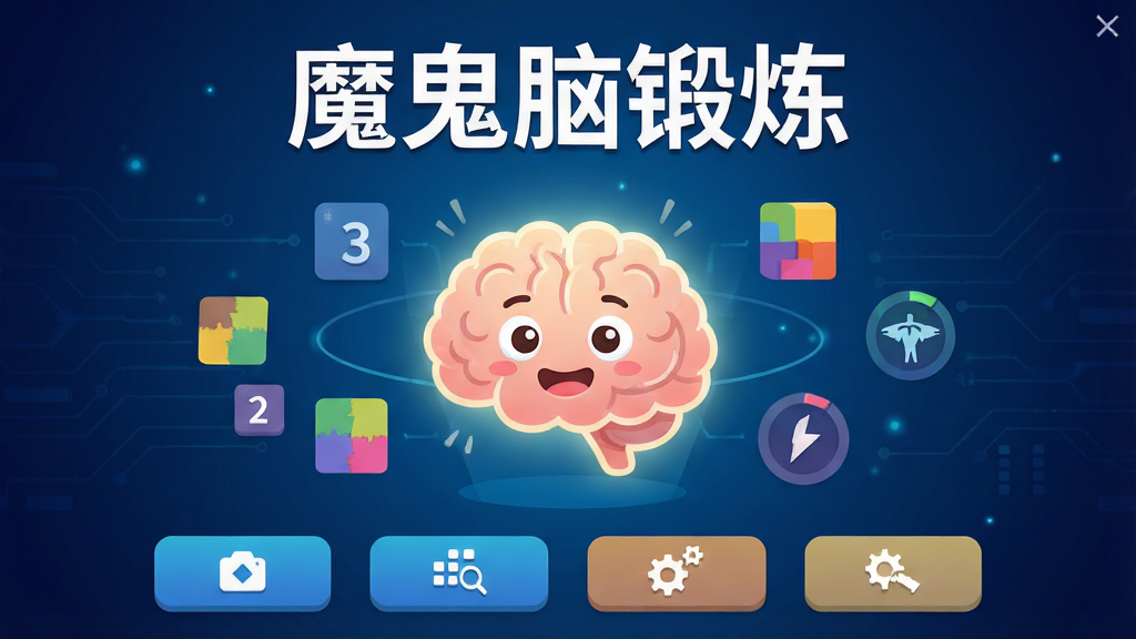 魔鬼脑锻炼软件主界面展示,画面中央放置一个发光的卡通大脑角色,周围环绕着数字、颜色方块和反应力图标,背景为深蓝色科技渐变风格,顶部居中显示白色粗体文字