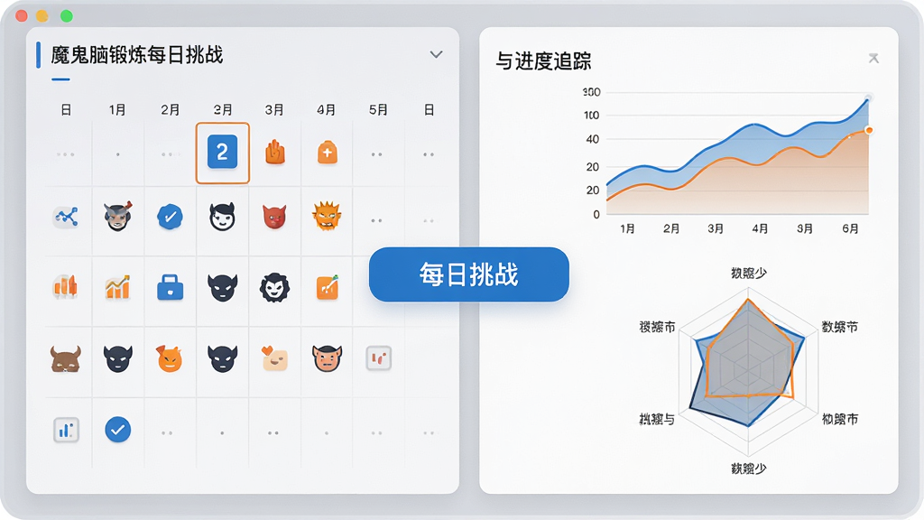 魔鬼脑锻炼每日挑战与进度追踪页面,画面左侧展示日历打卡记录,右侧为折线图与雷达图组合的数据面板,中央有