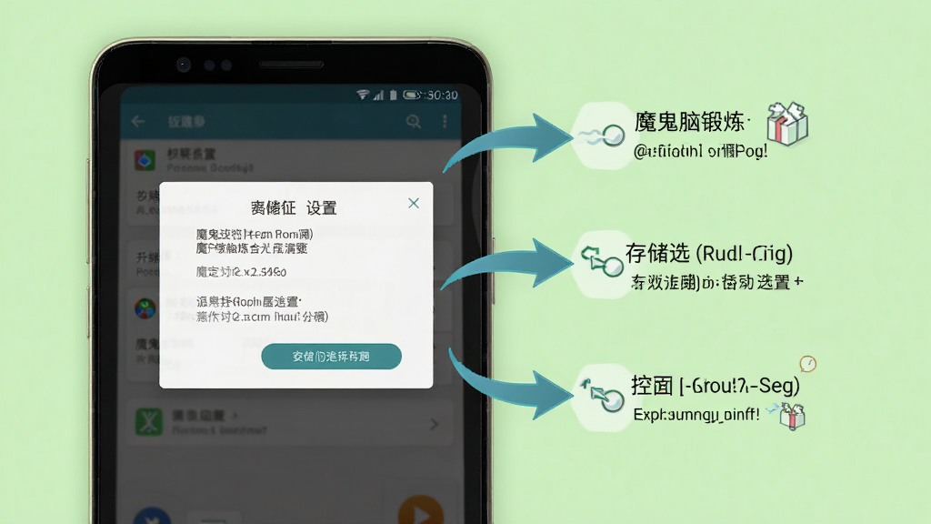 魔鬼脑锻炼手机端安装设置界面,画面展示一部安卓手机屏幕,屏幕上显示权限设置与存储选择弹窗,旁边有箭头指示操作步骤,背景为浅绿色,风格清新明快,细节清晰,画质高清,干净无多余元素