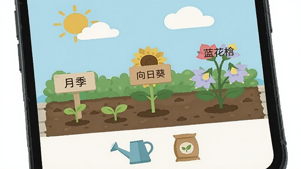 画面展示一个手机屏幕界面,屏幕中是一片花园土地,土地上插着标签牌,分别标注“月季”“向日葵”“蓝花楹”,每株植物处于不同生长阶段,有的刚发芽有的已开花,屏幕上方有阳光和云朵图标,下方有浇水壶和肥料袋图标,画面采用扁平化UI风格,色彩清新,细节清晰,画质干净,无多余元素,图片中文字有“我的花园世界”