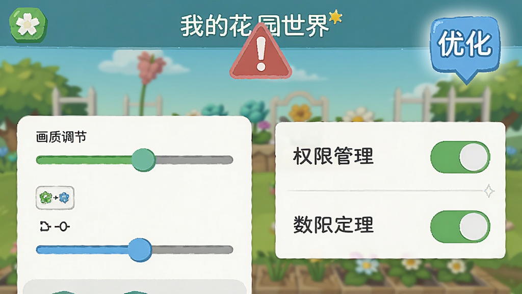 画面是一个手机屏幕截图风格的教程图,画面中展示“我的花园世界”游戏设置界面,左侧是画质调节滑块,右侧是权限管理开关,屏幕上方有红色警示标志和蓝色优化标志,整体采用简洁的说明图风格,色彩分明,文字清晰,画质干净,无多余元素