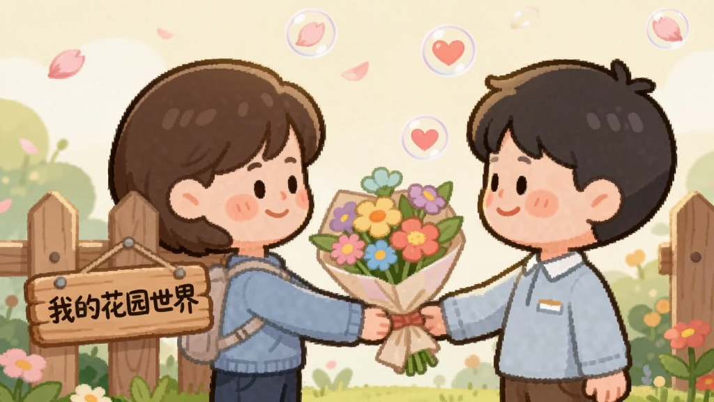 画面展示两个卡通角色站在花园栅栏两侧,左边角色手持一束彩色花束递给右边角色,背景有飘落的花瓣和爱心气泡,栅栏上挂着一块木牌写着“我的花园世界”,画面采用温暖治愈的卡通插画风格,色彩柔和,人物表情开心,画质细腻,无多余元素