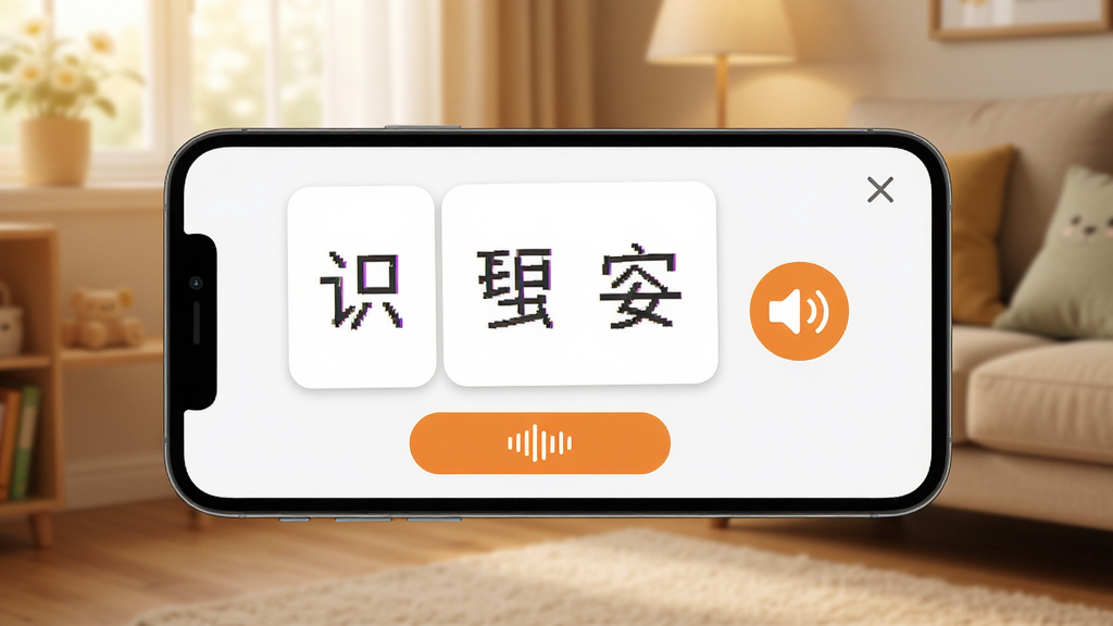 白卡识字离线学习场景,手机屏幕显示识字卡片与发音按钮,背景为温馨室内环境,布局突出卡片与发音图标,风格生活化,细节上屏幕内容清晰可见,画质高清,干净无杂乱