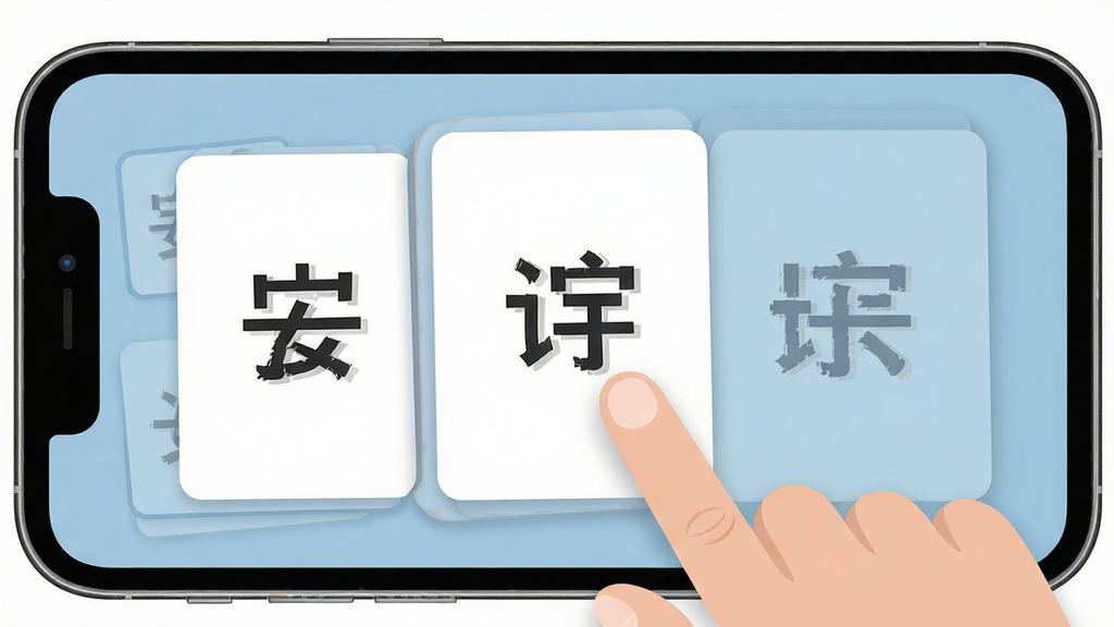 白卡识字操作步骤示意图,手机屏幕显示滑动切换卡片动作,手指轻触屏幕,画面布局简洁明了,风格扁平化,细节上卡片内容清晰,画质高清,无多余装饰
