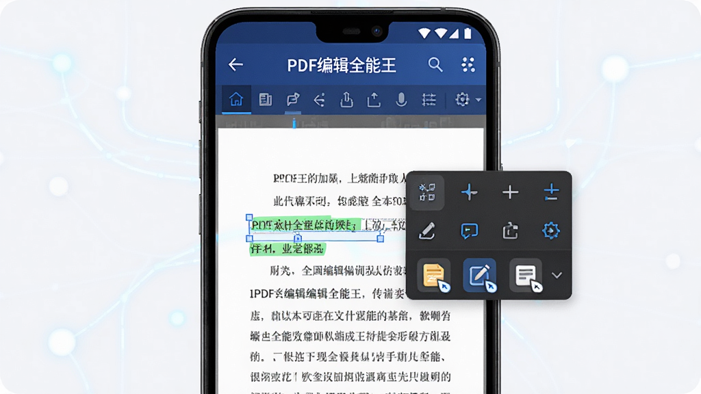 一部安卓手机屏幕展示PDF编辑全能王的全能编辑功能界面,画面中央是文档编辑区域,显示文字被选中的状态和浮动工具栏,布局为手机正面竖屏,顶部标注