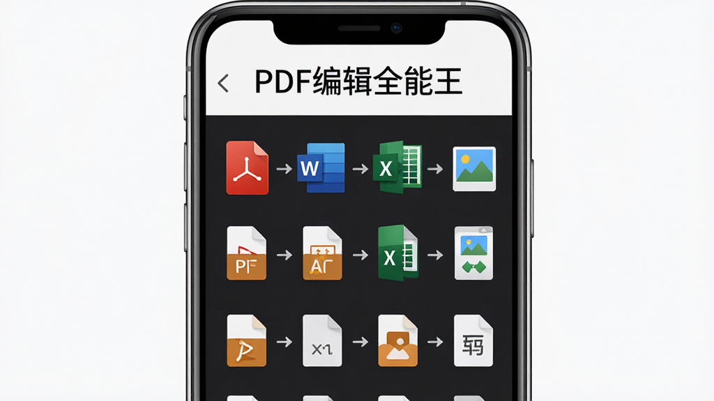 手机屏幕展示PDF编辑全能王的格式转换界面,画面中央排列多个文件格式图标,布局为网格状排列,顶部显示