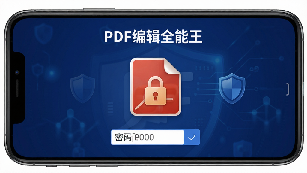 手机屏幕展示PDF编辑全能王的安全加密界面,画面中央是一个带锁图标的PDF文件图标,布局为居中对称排版,顶部显示