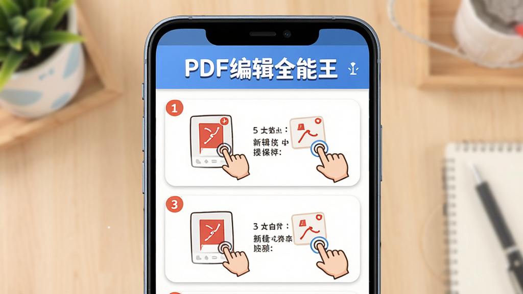 一部安卓手机展示PDF编辑全能王的新手操作引导界面,画面中央是分步骤的图文教程卡片,布局为上下滑动式排版,顶部标注