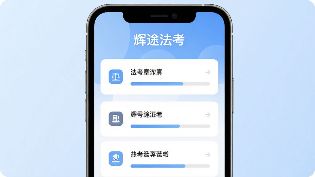 辉途法考软件主界面展示,手机屏幕中央显示法考章节练习列表,顶部有