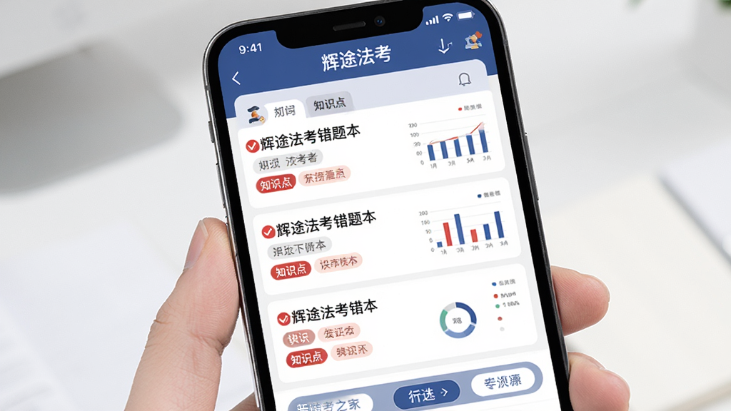 辉途法考错题本功能界面,手机屏幕显示错题列表,每道题带有红色标记和知识点标签,顶部有
