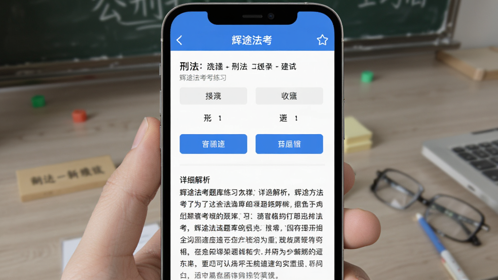 辉途法考题库练习界面,手机屏幕显示一道刑法选择题,下方有详细解析文字,页面顶部有