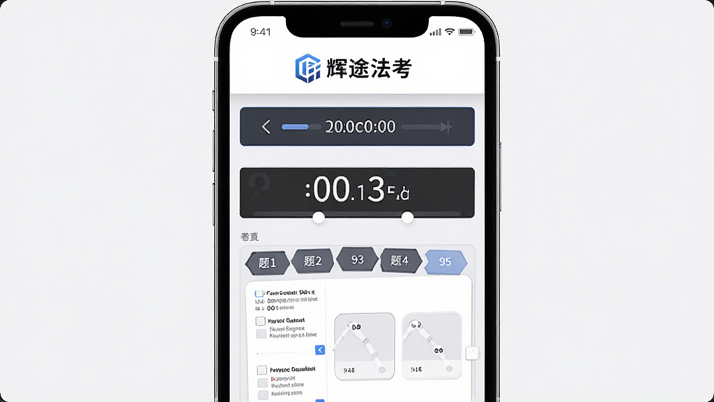 辉途法考模拟考试界面,手机屏幕显示考试倒计时和答题卡,页面顶部有