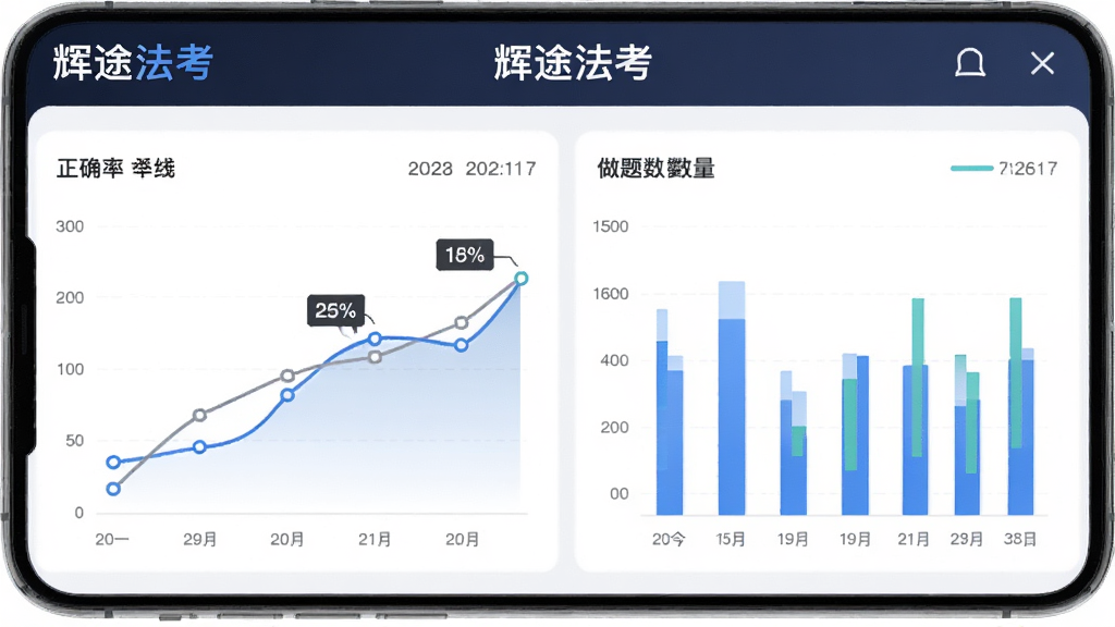 辉途法考学习数据统计页面,手机屏幕显示正确率曲线图和做题数量柱状图,顶部有