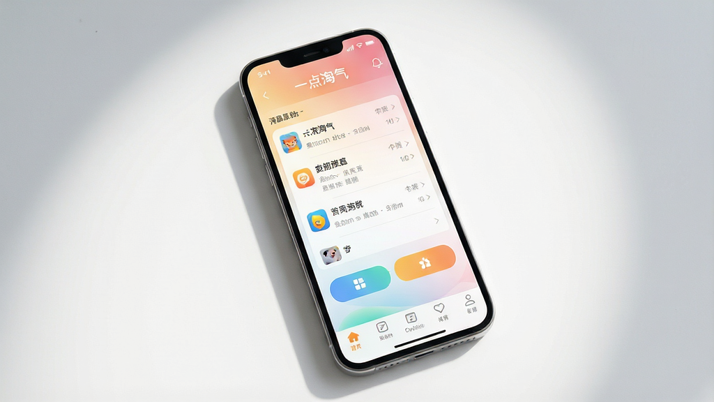 一张展示智能手机屏幕的图片,屏幕中央显示“一点淘气”APP的主界面,界面布局简洁清晰,包含消息列表、功能按钮和底部导航栏,背景为浅色渐变,手机周围有柔和的光影效果,整体风格现代清新,画面干净整洁,分辨率高,无多余杂乱元素