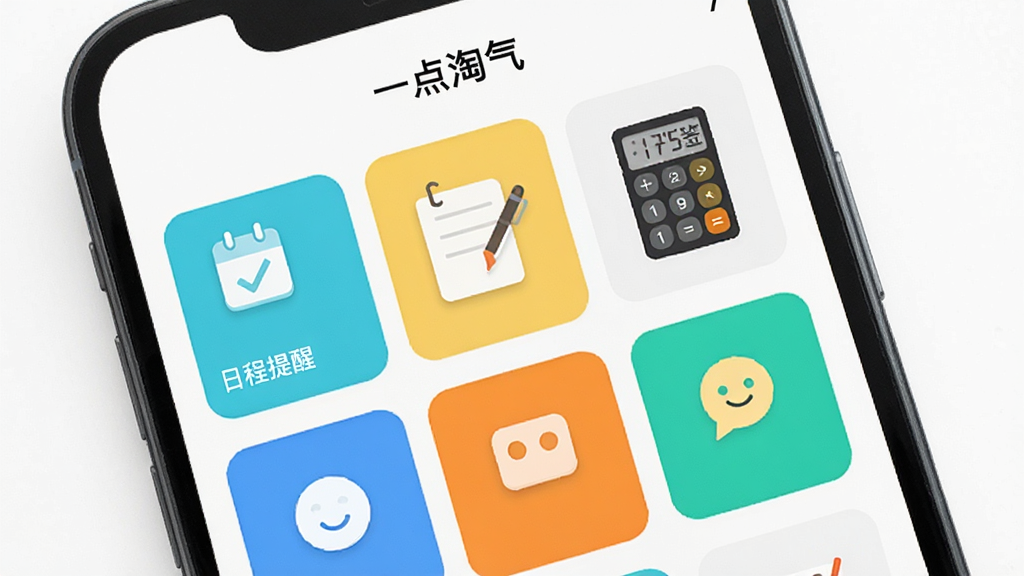 一张展示手机应用功能界面的图片,画面中“一点淘气”APP的首页展示多个功能卡片,包括日程提醒、便签、计算器等图标,卡片排列整齐,配色清新,背景为白色,整体风格素雅极简,画质清晰,干净无多余元素