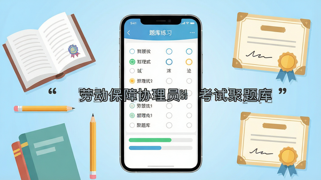劳动保障协理员考试聚题库 手机APP界面展示,画面中央是一部智能手机,屏幕内显示题库练习界面,包含选择题选项和答题进度条,手机周围环绕着书本、铅笔、证书等学习元素,背景为浅蓝色渐变,整体布局居中对称,扁平化设计风格,色彩清新明亮,细节清晰,文字使用引号标注“劳动保障协理员考试聚题库”,高清画质,干净整洁,无多余元素